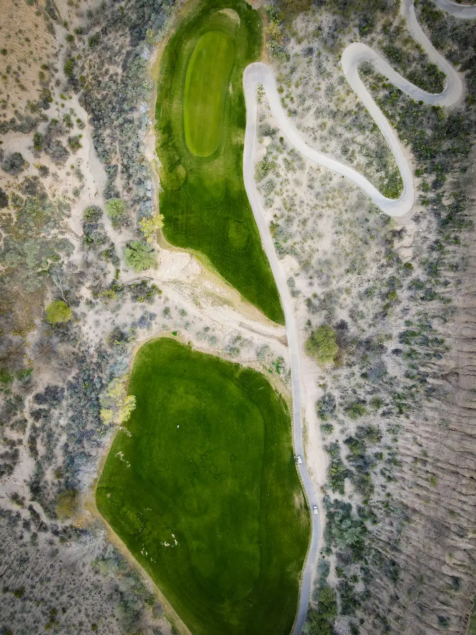 Aerial view of green fairways surrounded by desert near Tucson, Arizona